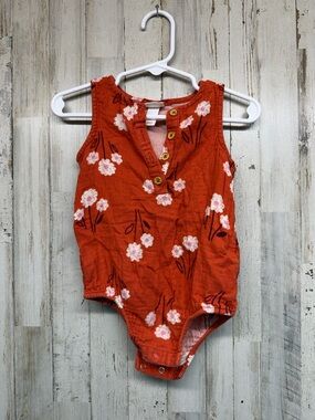 Cat & Jack Girls Floral Sleeveless Romper Elastic Legs Buttons Orange 18 Months